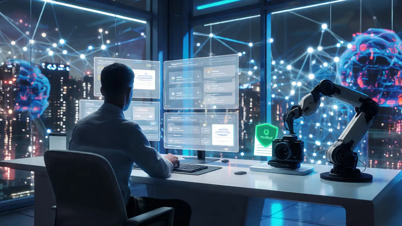 Creator verifying authentic work amidst a connected cyberpunk city