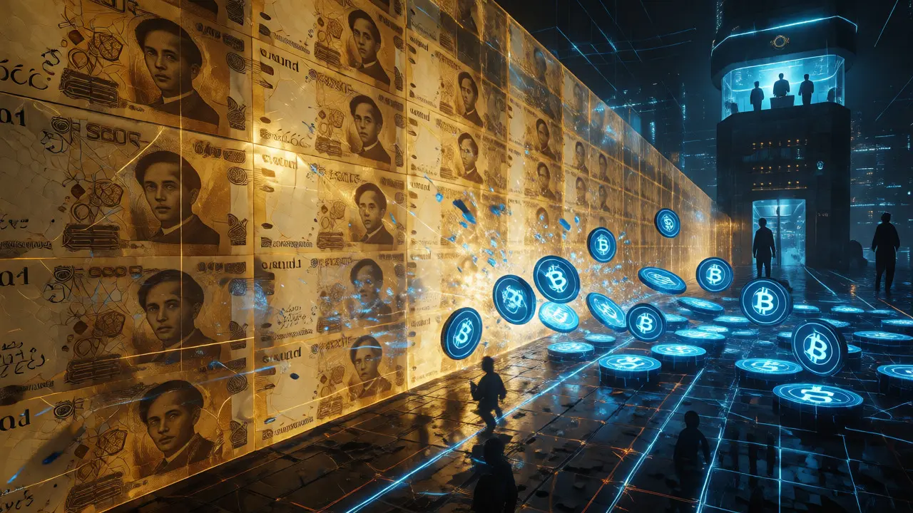 Crypto coins blocked by a wall of Egyptian pounds in a digital landscape