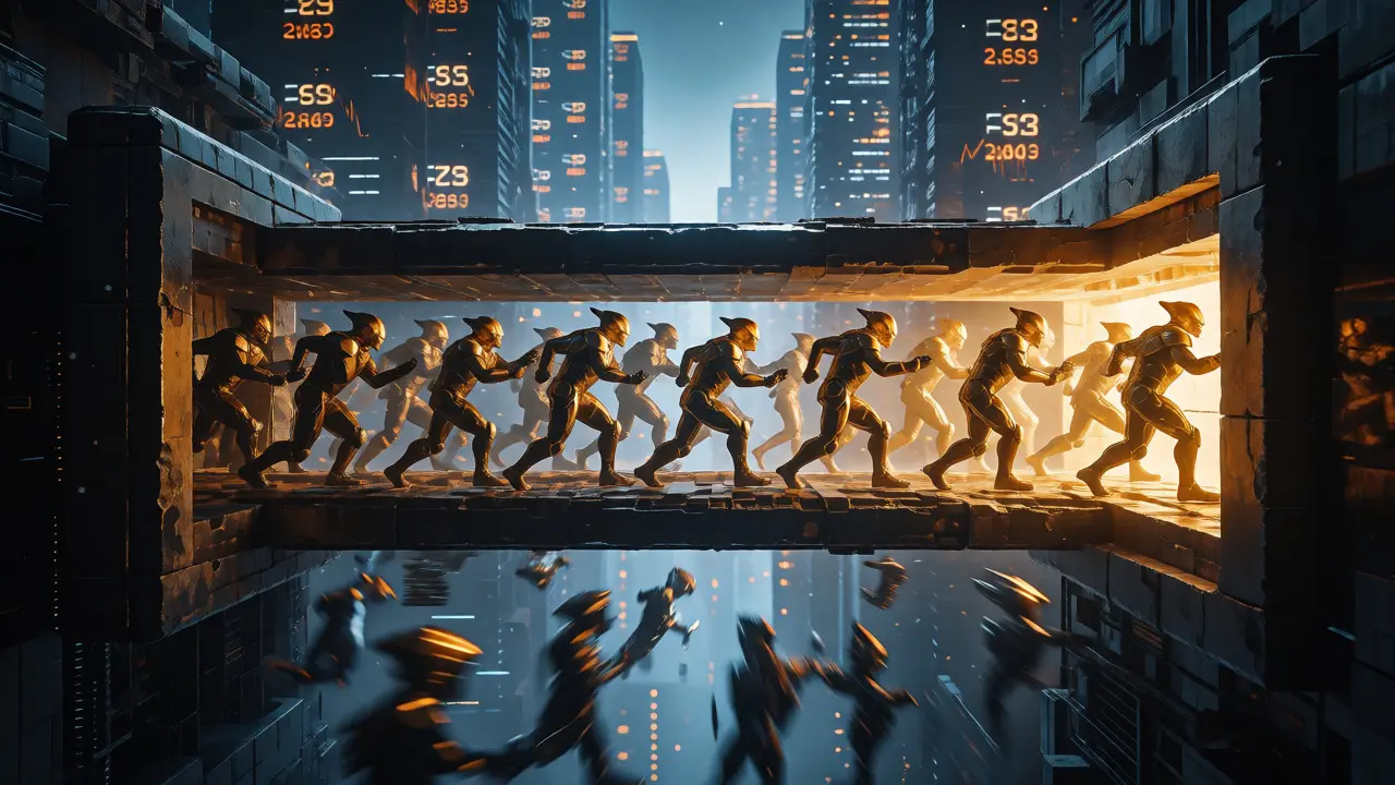 Cyberpunk gateway showing limited block space and high-fee transactions entering first