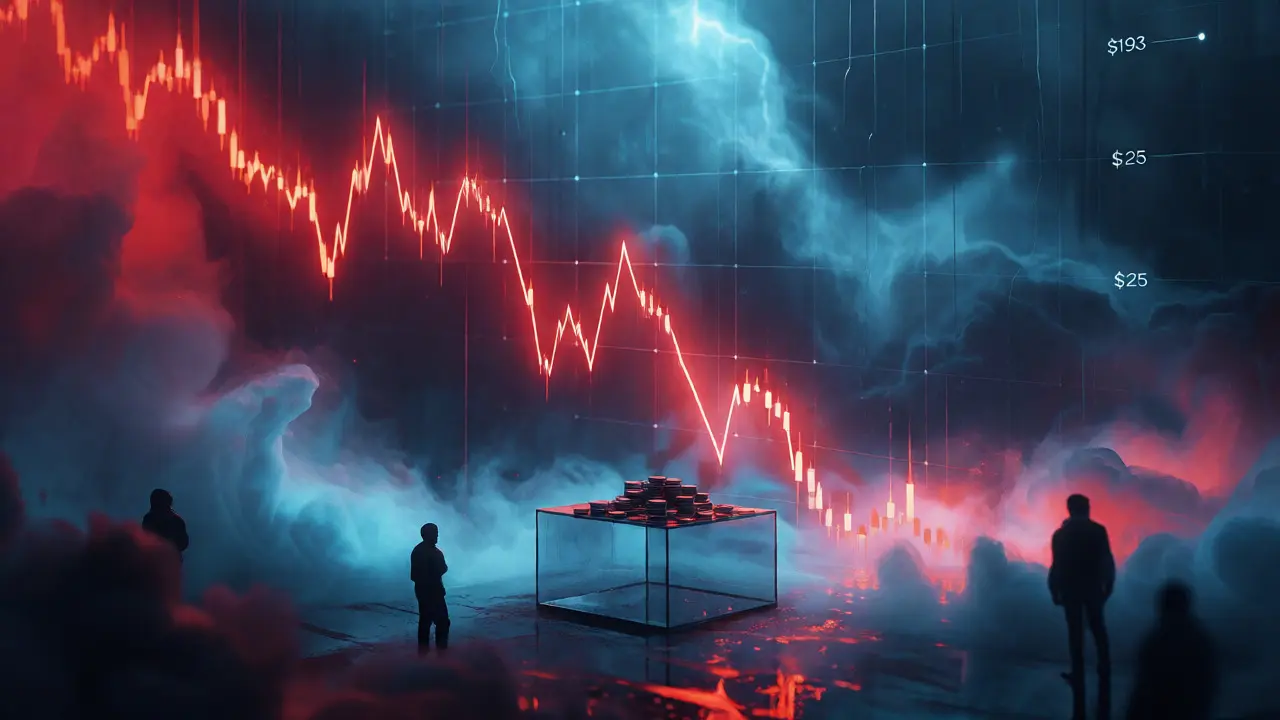 Cyberpunk graphic illustrating TokenBot's price volatility and market risks