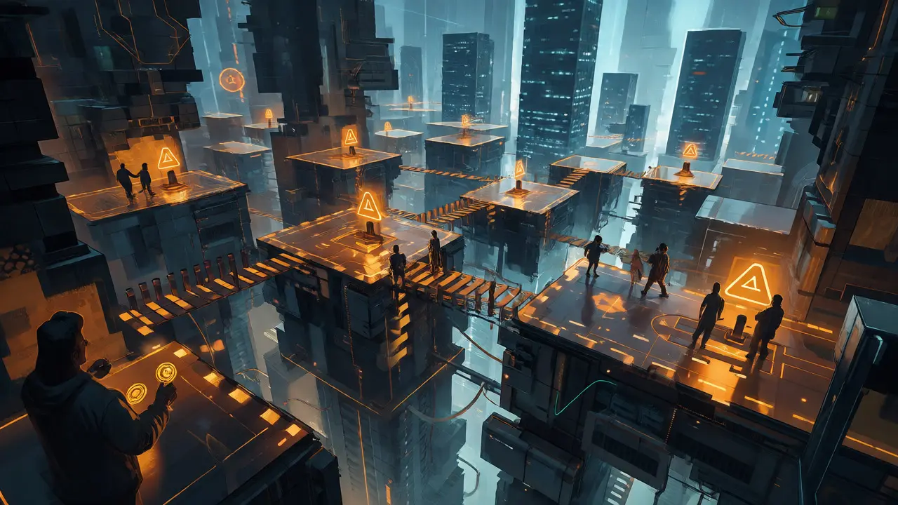 Cyberpunk maze of digital platforms with broken bridges representing fragmented crypto access for Iranian users.