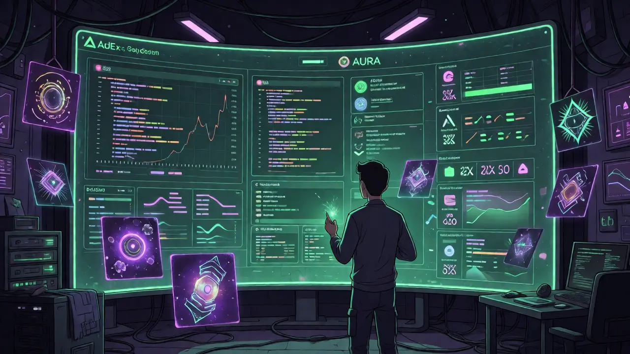 Developer coding for the AURA framework surrounded by holographic data