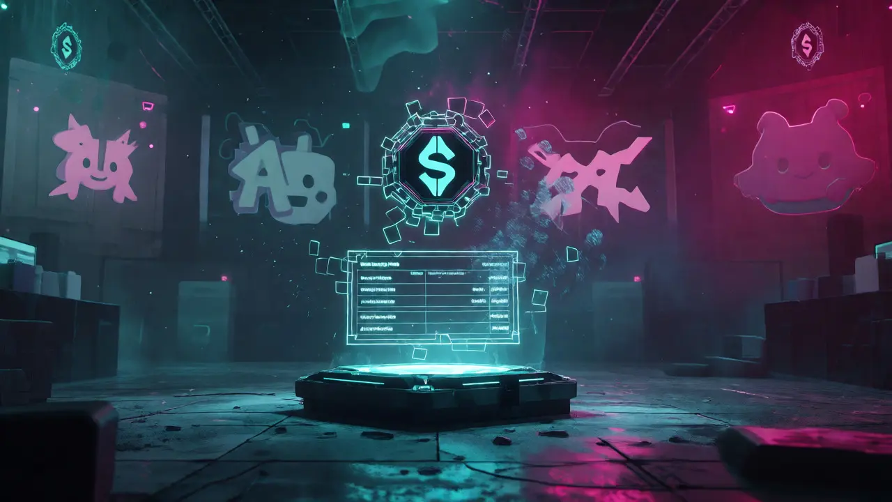 Dimmed cyberpunk arena with fragmented SPIN token and vesting ledgers