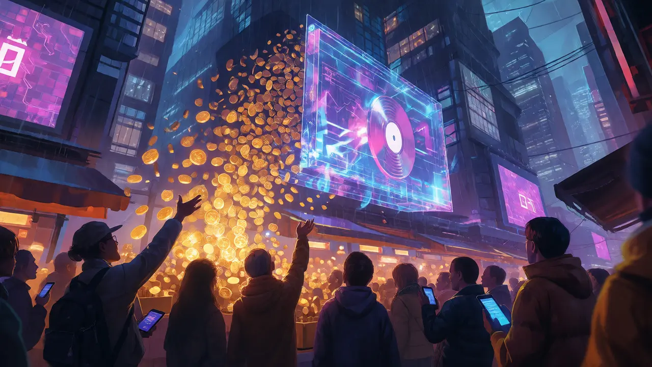 Fans catching glowing tokens falling from a holographic media asset
