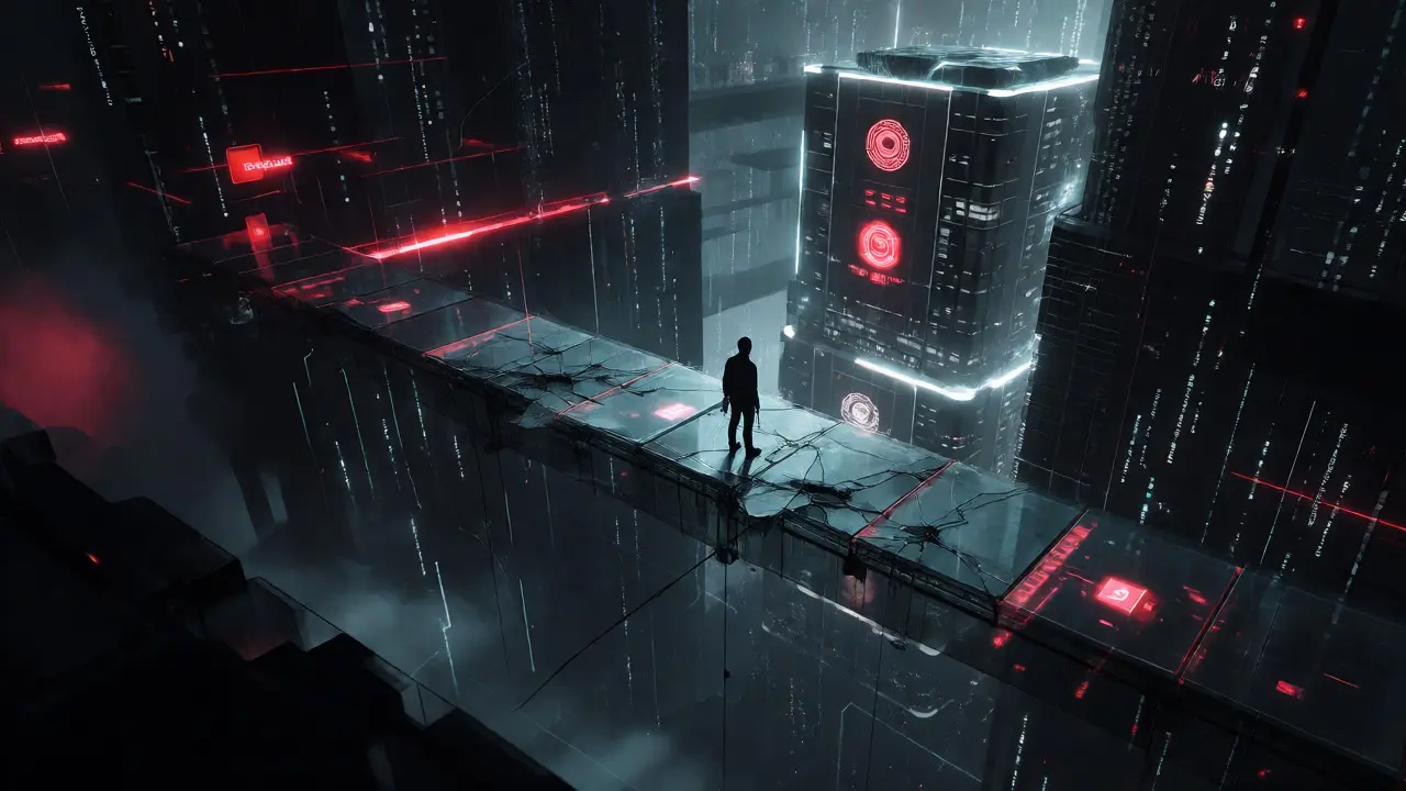 Figure on cracking digital bridge facing distant regulated exchange tower in dark abyss.