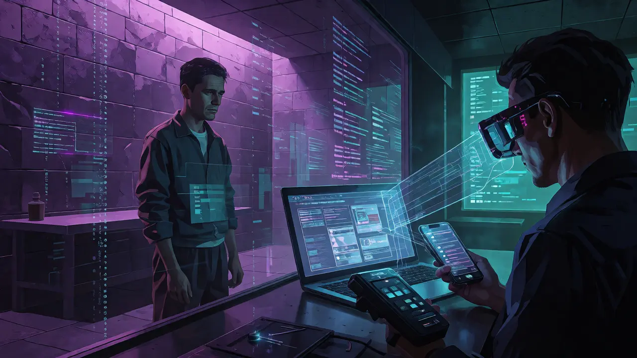 Forensic tech analyzes seized devices in a cyberpunk-style interrogation room.
