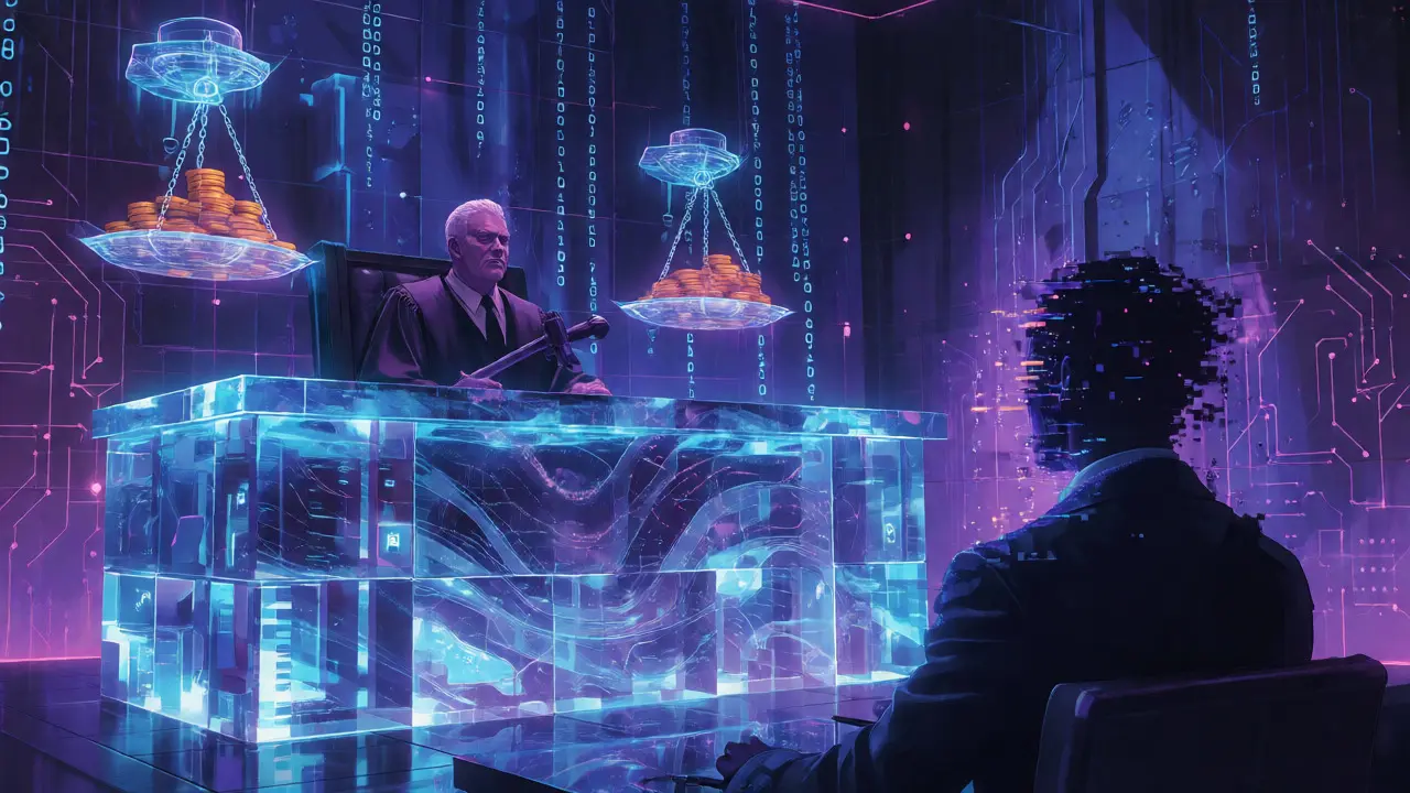 Futuristic digital courtroom with data scales and glitched defendant