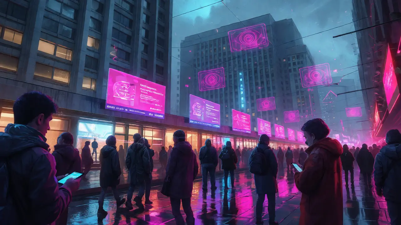 Futuristic Moscow street with holographic crypto ads and surveillance themes.