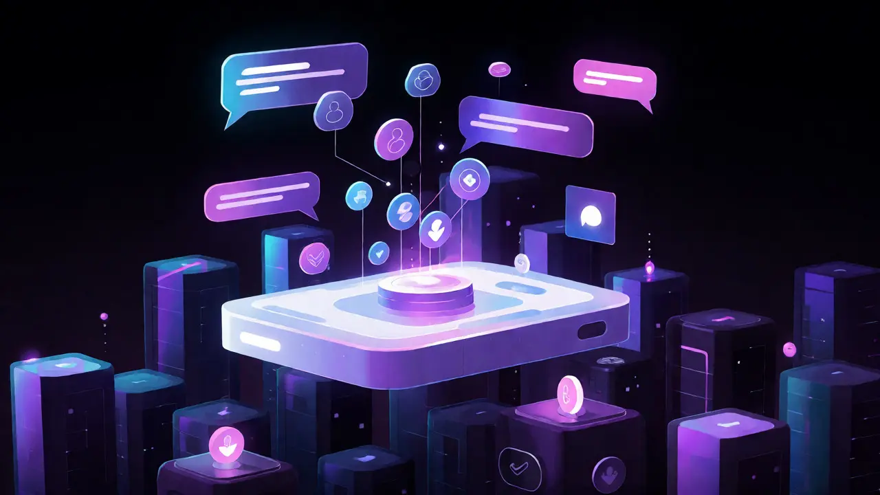 Futuristic visualization of TokenBot's no-code launchpad and Farcaster integration