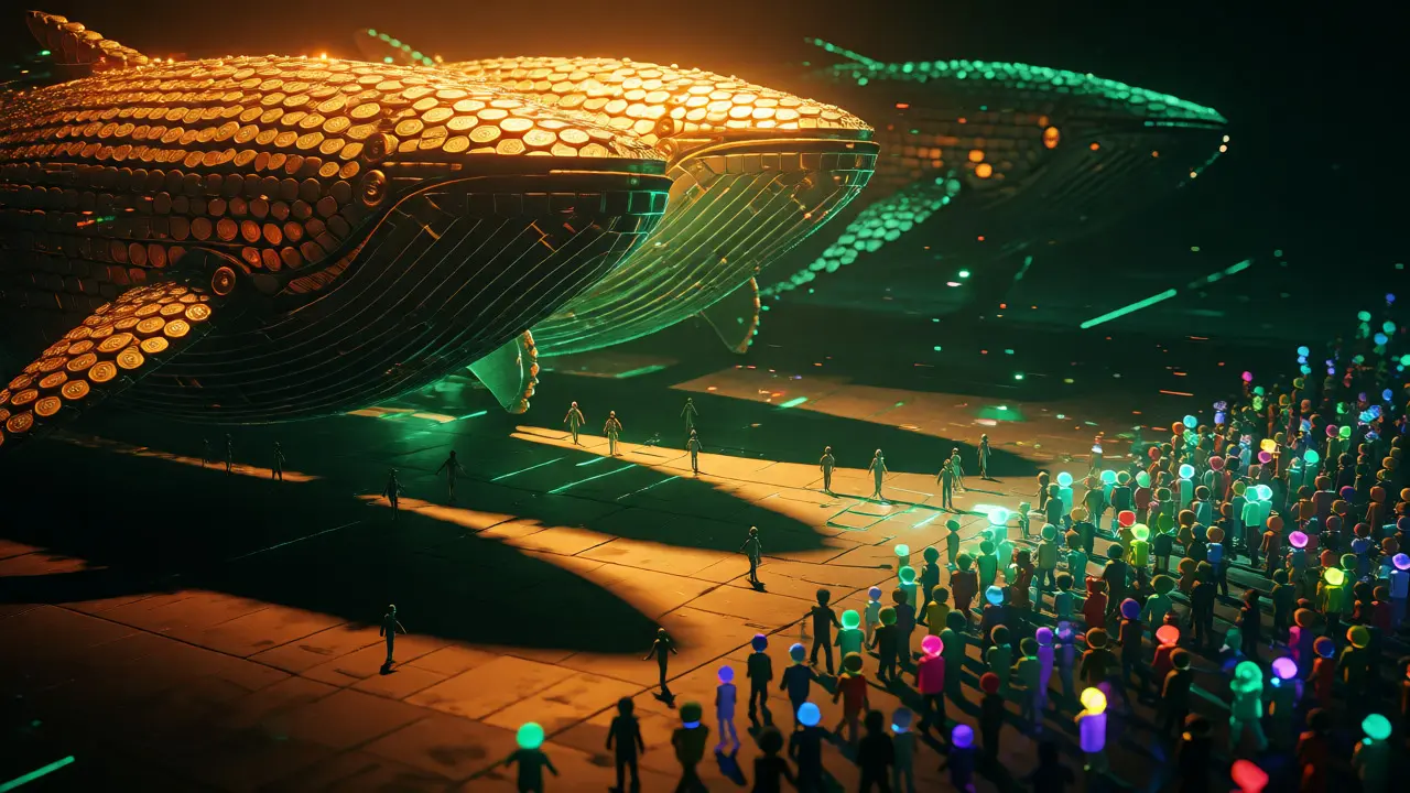 Giant crypto whales overshadowing small voters in a neon-lit governance arena.