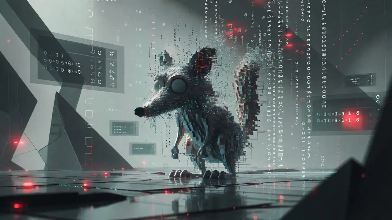 Glitch-art Scrat dissolving into empty liquidity pools