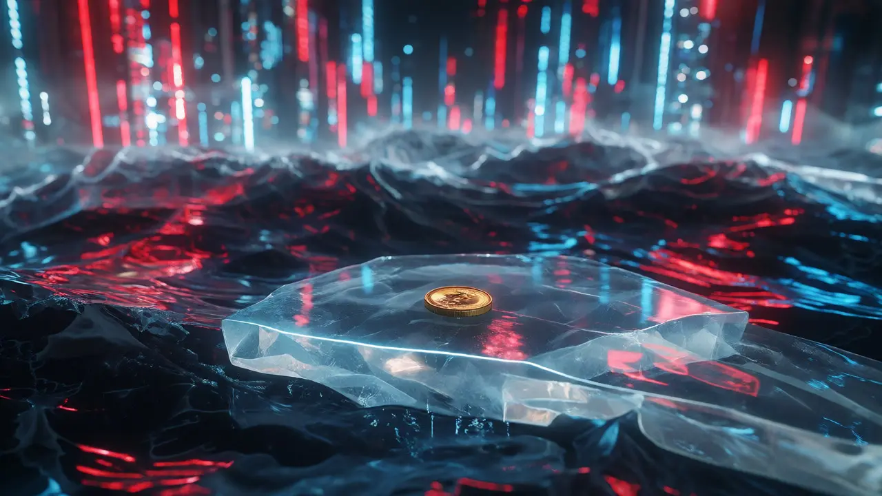 Golden coin cracking thin ice over a digital ocean