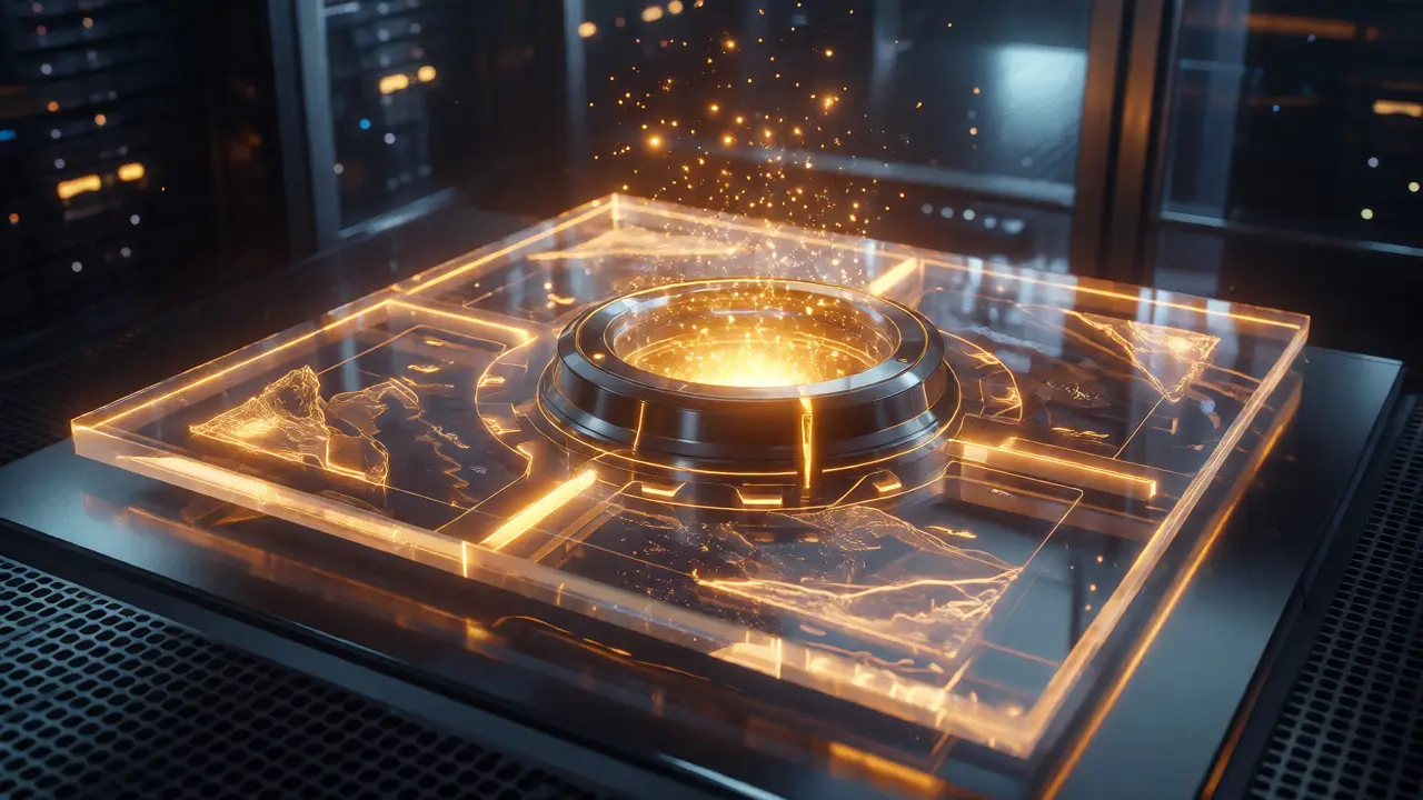 Golden energy rising from a digital vault surrounded by metaverse and gaming holograms in a dark server room.