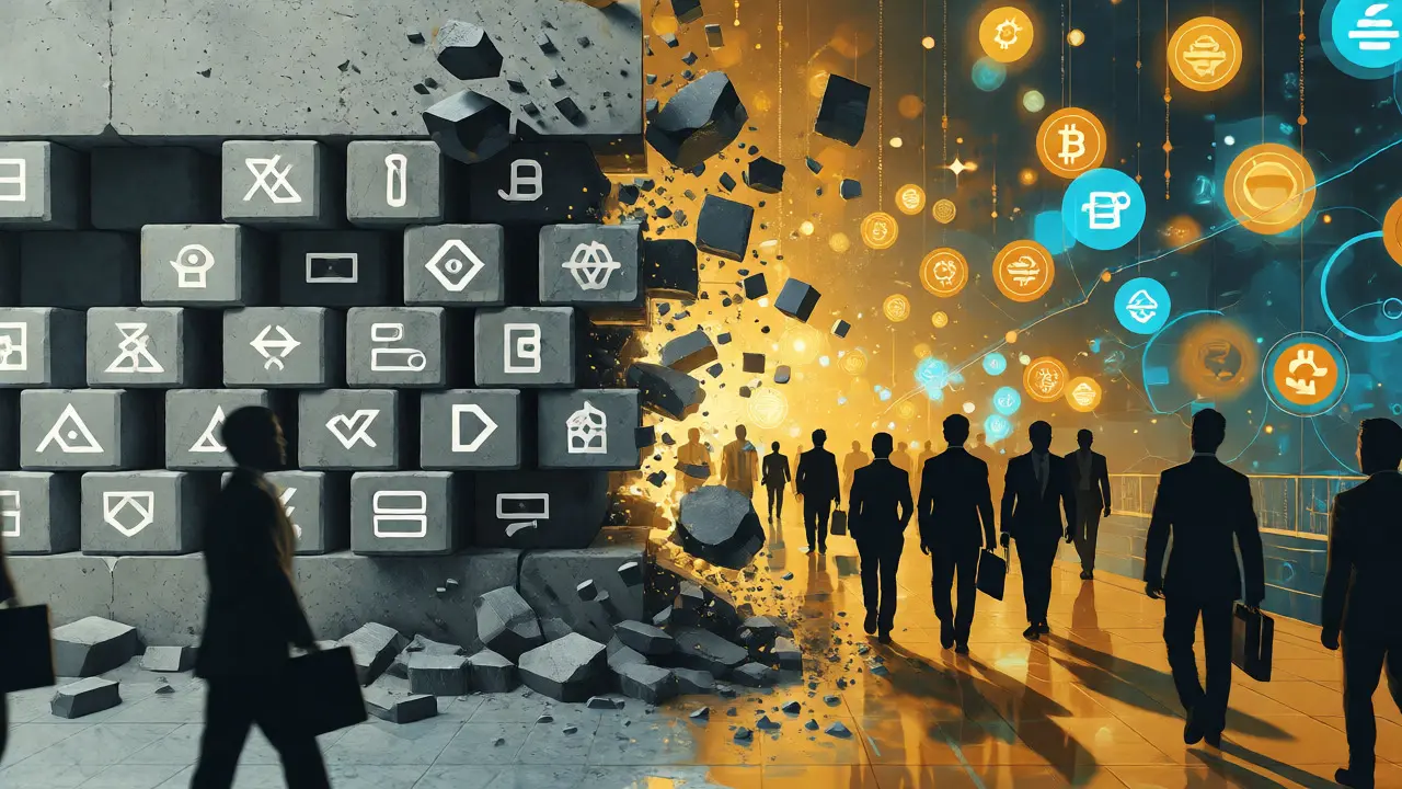 Grey wall dissolving into golden path for crypto finance