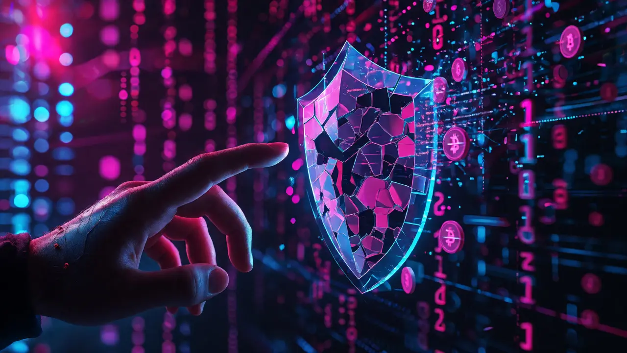 Hand reaching for cracking digital shield amidst static