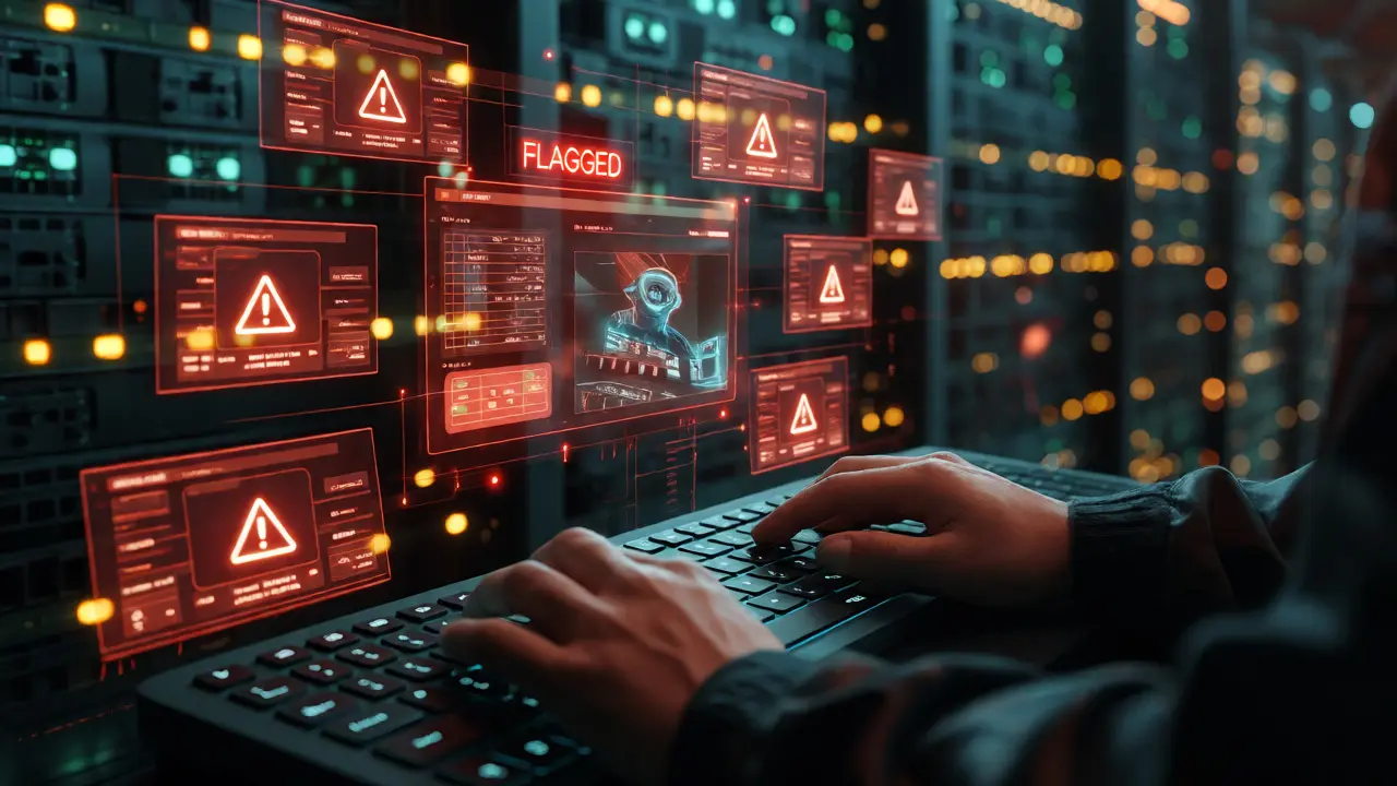 Hands typing with holographic blockchain warnings and alerts