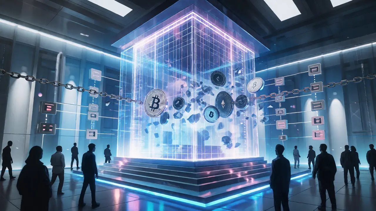 Holographic digital ruble structure enclosing decentralized crypto symbols.