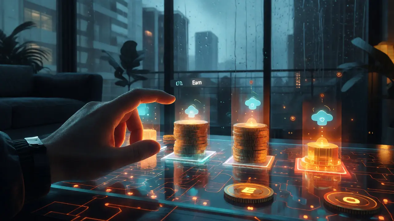 Holographic display of staking rewards and cloud mining assets in a modern room