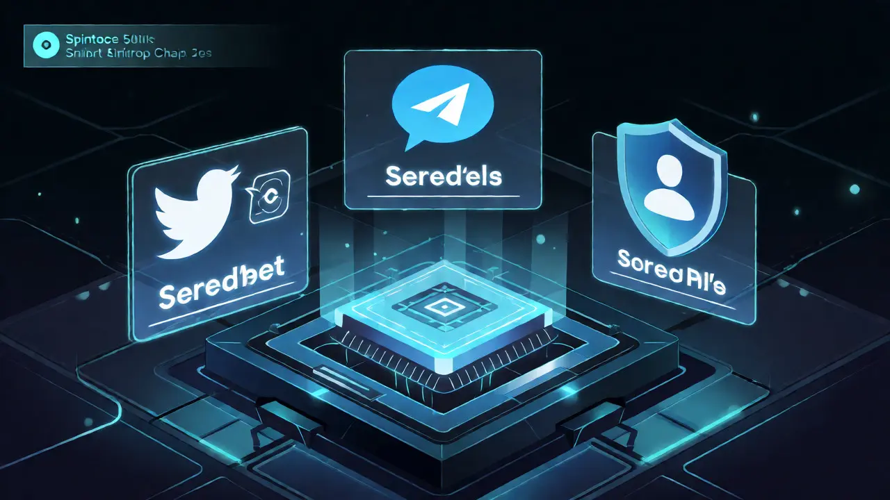 Holographic HUD showing social media tasks and BSC chain verification