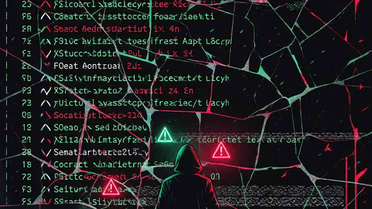 Hooded figure facing glitching smart contract code in cyberpunk style