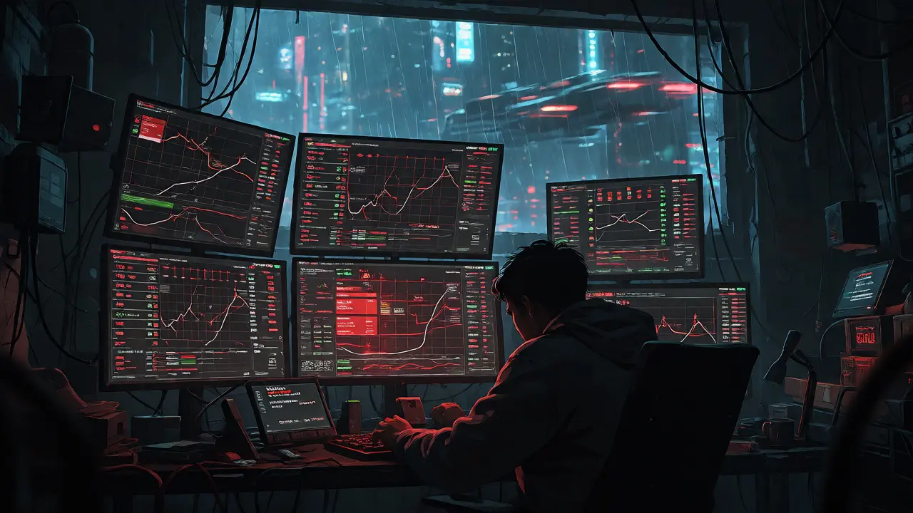 Man monitoring blockchain analytics in a cyberpunk apartment