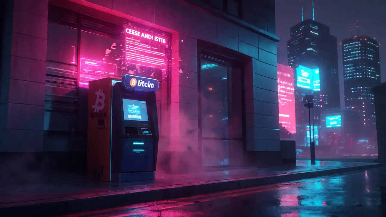 Neon-lit Bitcoin ATM on a rainy street with a glowing cease-and-desist hologram above it.