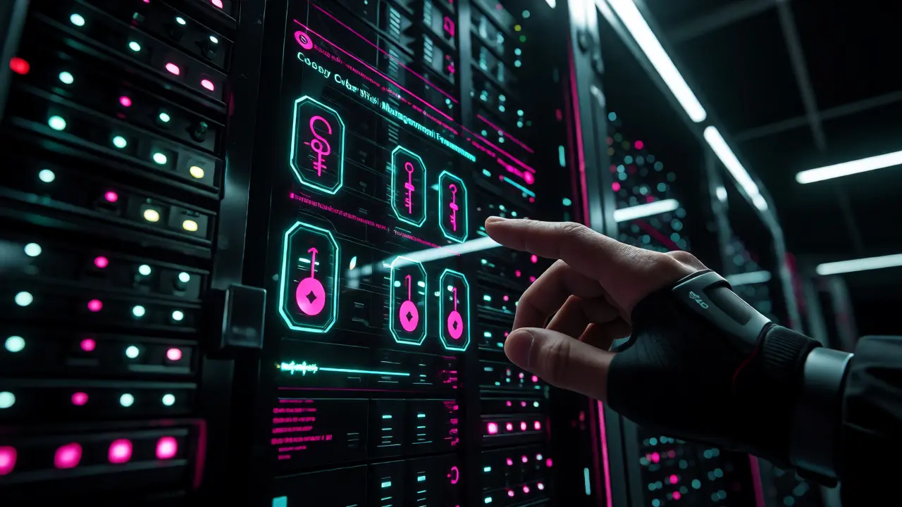 Secure crypto vault with biometric interface and pulsing server racks