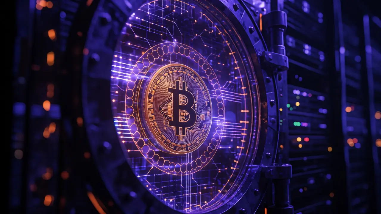 Secure digital vault containing a glowing Bitcoin surrounded by encryption shields.
