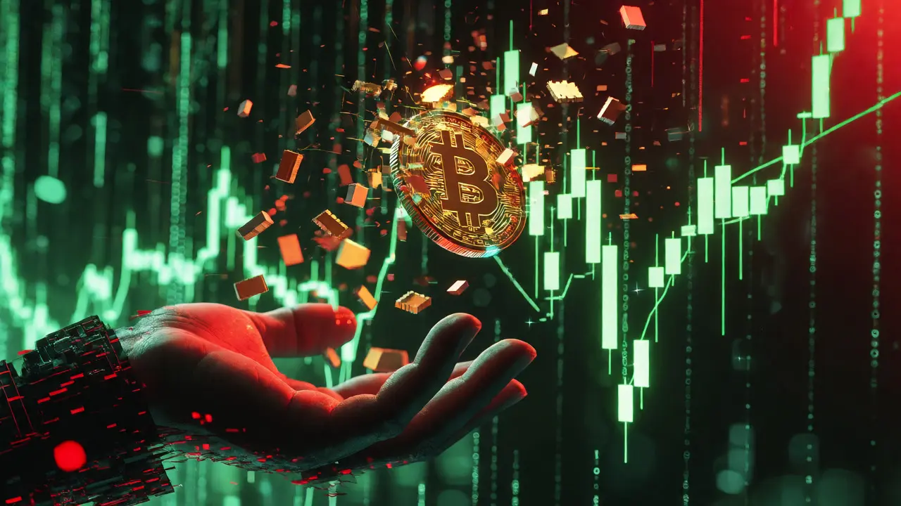Shattering golden coin amidst volatile neon stock charts representing crypto crash