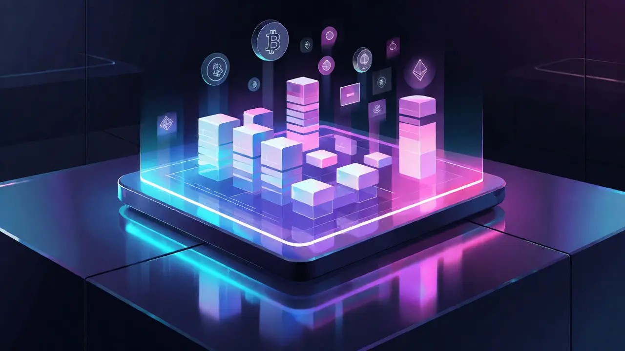 Sleek holographic interface organizing glowing crypto data blocks in a modern cyberpunk room.