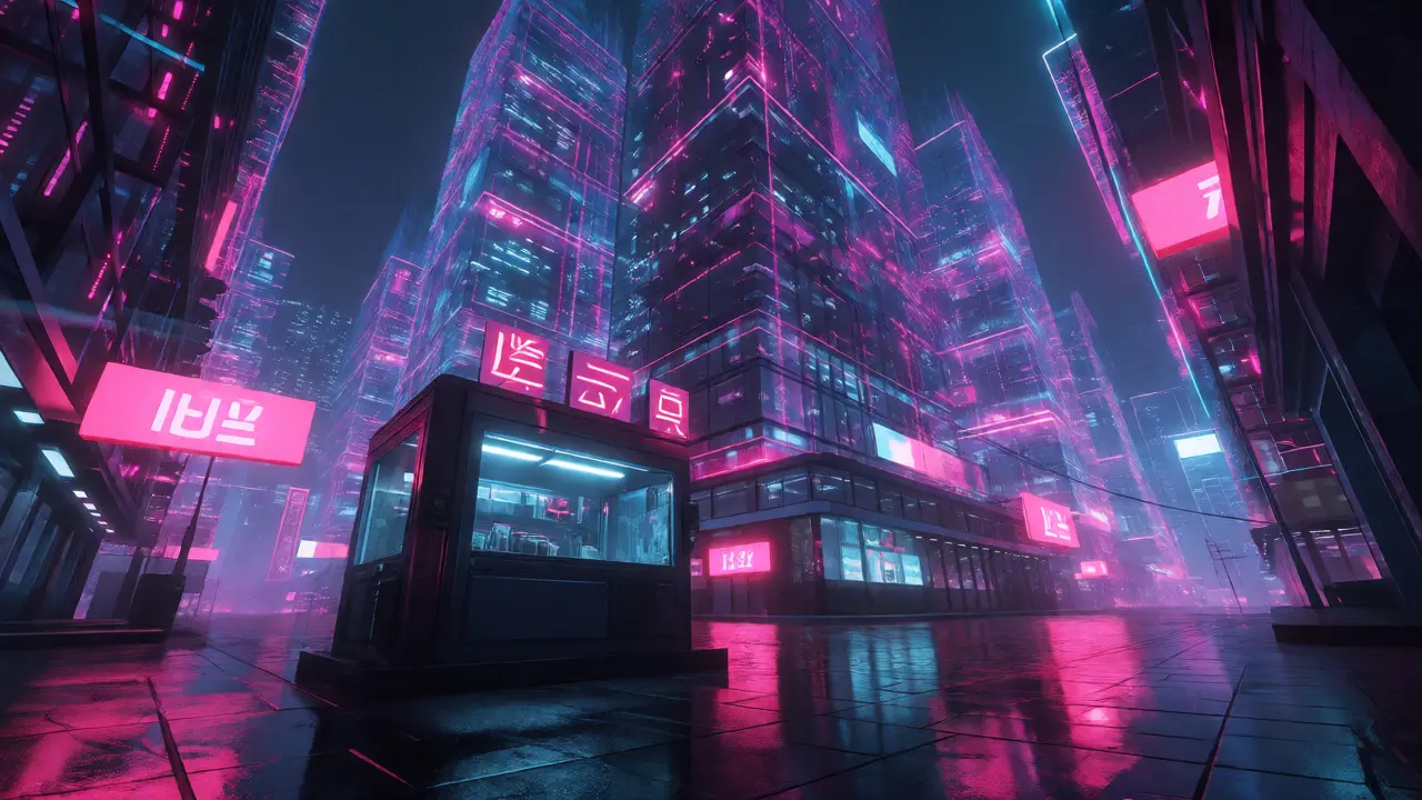 Small unlit kiosk in shadow of giant data towers