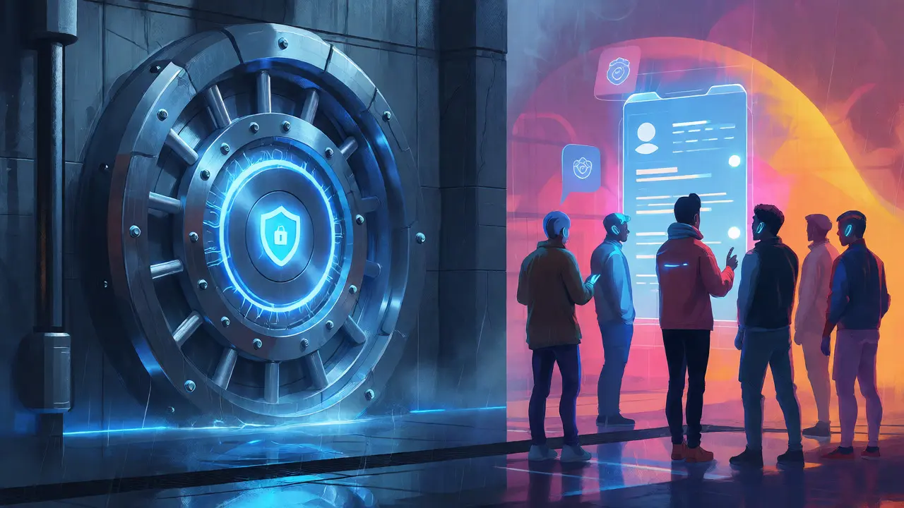 Split view of a secure crypto vault and diverse users accessing a mobile app
