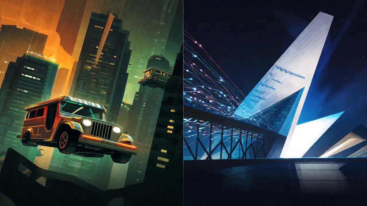 Split view of Manila and Zagreb connected by data bridge