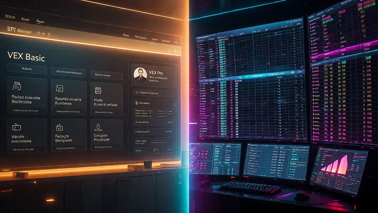 Split view of minimalist and advanced cyberpunk trading interfaces side-by-side.