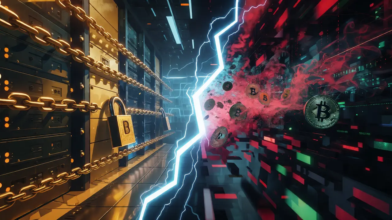 Split view of secure server vault versus dissolving bitcoin data streams in neon colors.