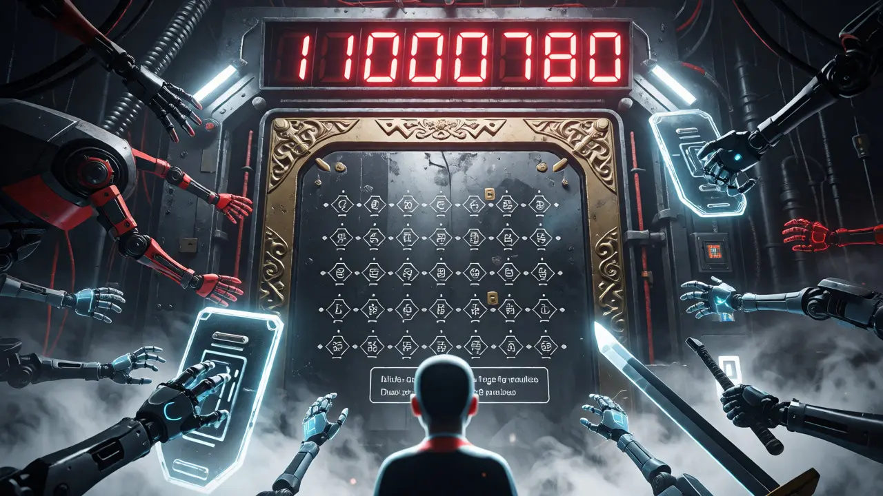 Timelocked vault door with security mechanisms and a watching user avatar.