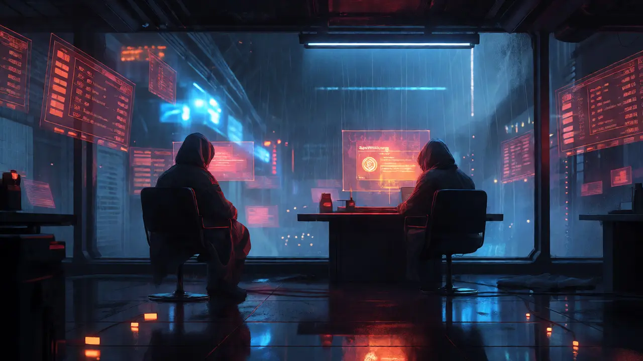 Trader viewing holographic SunWukong token in a dark, rainy cyberpunk room