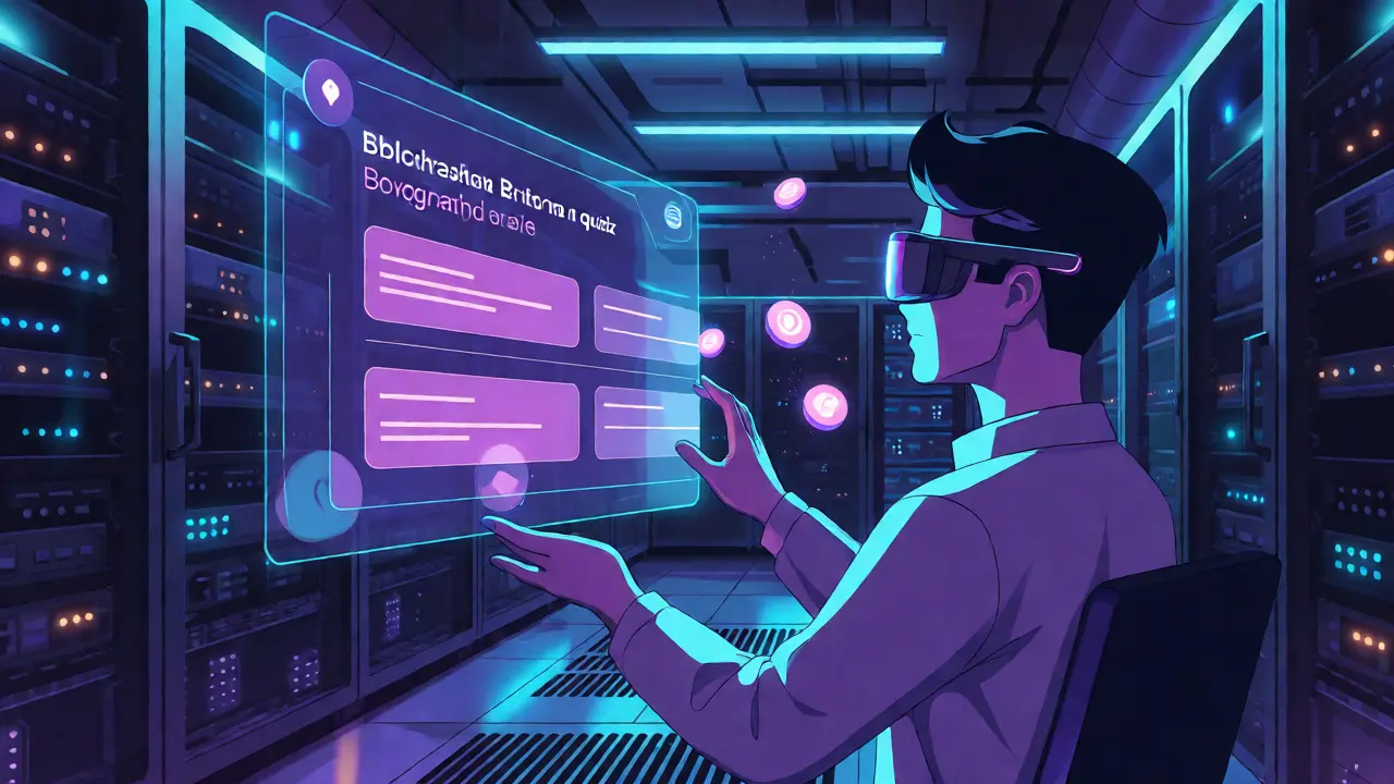 User interacting with a floating quiz interface about The Graph in a neon-lit server room.