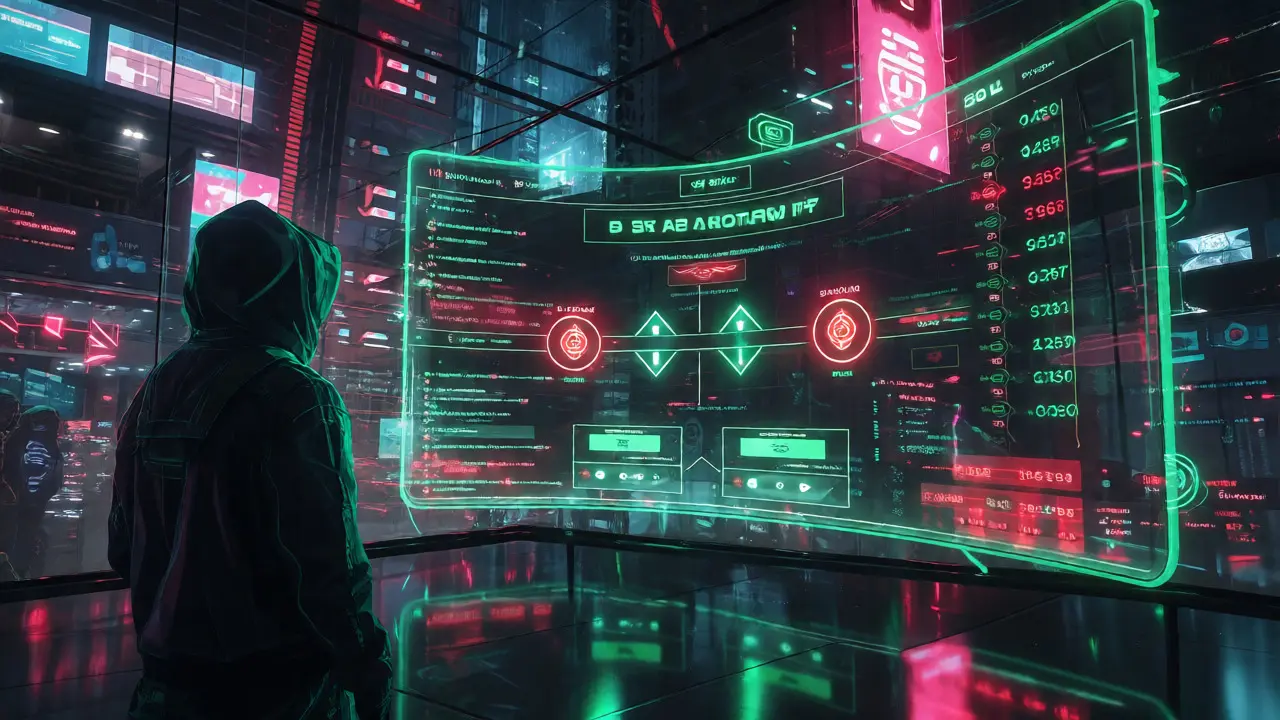 User interacting with a holographic cross-chain swap interface in a futuristic cyberpunk setting