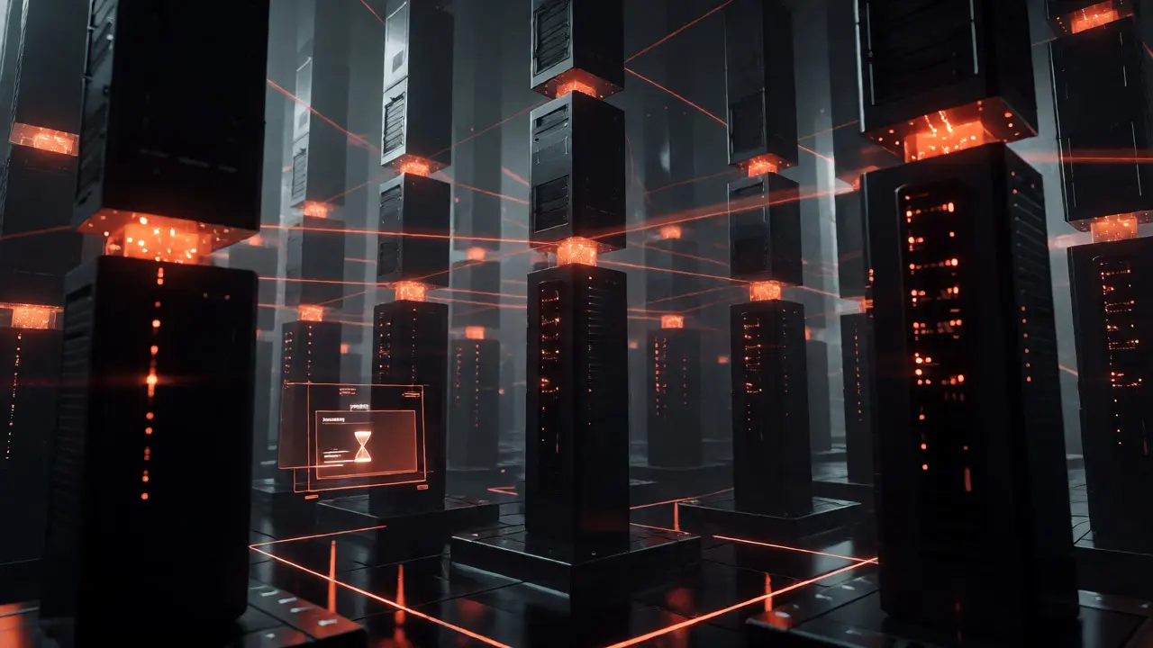 Validator nodes connected by laser beams in a dark cyberpunk server room representing THORChain security