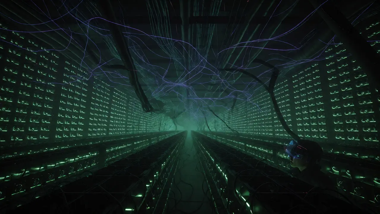 Vast warehouse filled with glowing ASIC mining rigs
