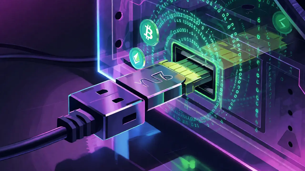 YubiKey hardware token securing crypto assets with holographic shields.
